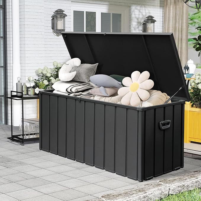 160 Gallon Outdoor Storage Deck Box Made of Galvanized Steel, Waterproof All Weather Outside Storage Bench UV-Resistant on Wheel, Lockable Package Delivery Box for Porch, Cushion, Tools, Grey