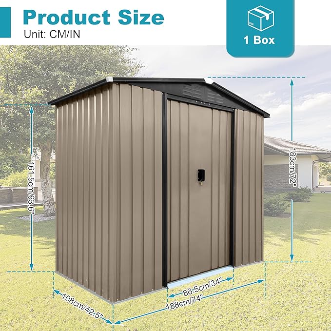 6ft x 4ft Outdoor Tool Shed Metal Storage Shed Outdoor Storage Metal Garden Sheds Tool Cabinet with Roof Slope Design, Sliding Door System for Backyard, Patio, Poolside, Dark Gray