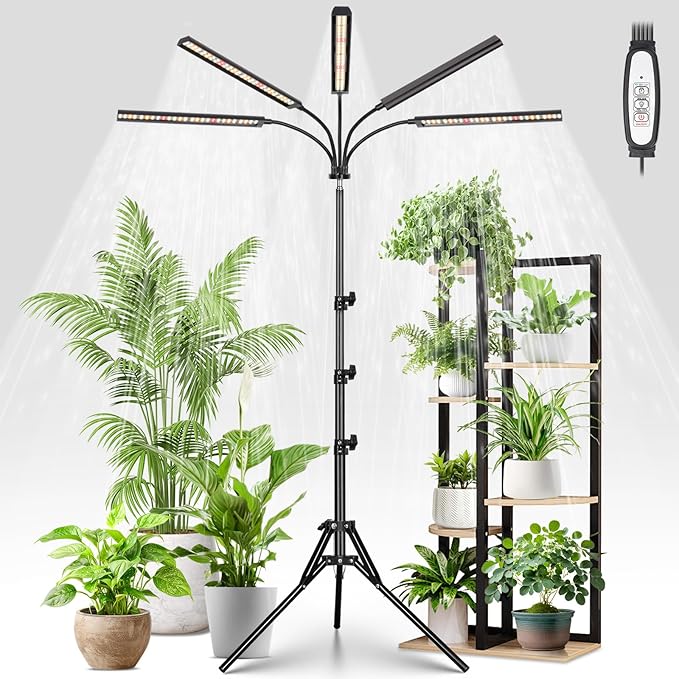 FOXGARDEN Grow Lights for Indoor Plants with Stand, Full Spectrum Plant Lights for Indoor Growing with Flexible Gooseneck, Five-Head Floor Grow Lamp with 4/8/12H Timer & 4 Brightness Levels