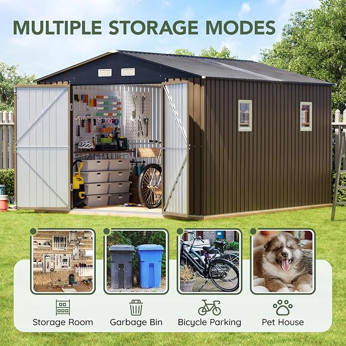 10x12 FT Outdoor Metal Storage Shed with Floor Frame, Double Swing Doors, 2 Clear Windows, Replaceable Skylight Roof Panel, Tool Shed for Garden, Patio, Backyard Brown