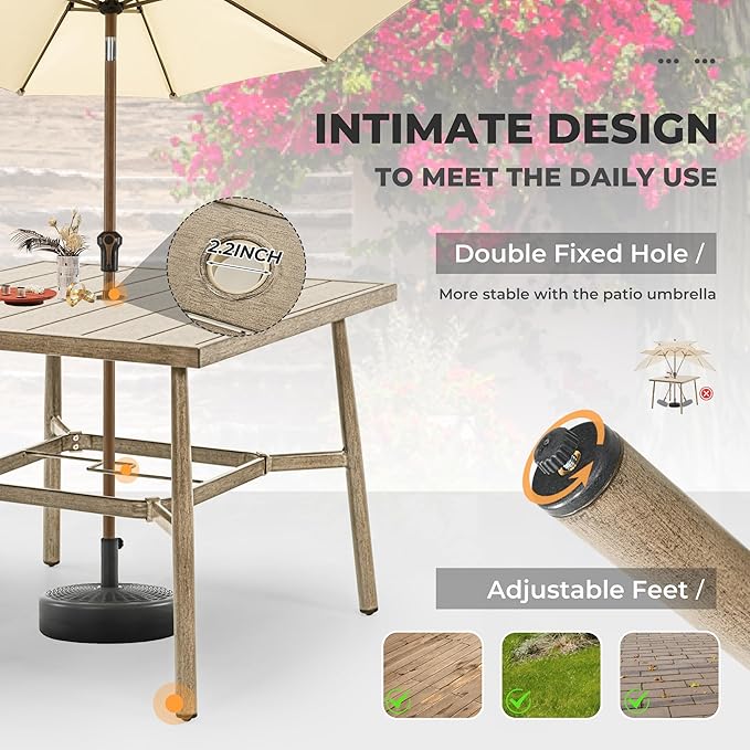 HAPPATIO 5-Piece Outdoor Dining Set for 4, Aluminum Patio Dining Set Includes 1 Large Square Table with Umbrella Hole and 4 Dining Chairs, Patio Furniture Set for Lawn, Porch, or Backyard (Brown)