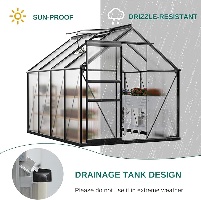 YITAHOME Polycarbonate 6x8FT Greenhouse Heavy Duty Green Houses Outdoor Greenhouses Aluminum Sliding Doors Vent Window Premium Large Sun House for Garden Backyard, Black