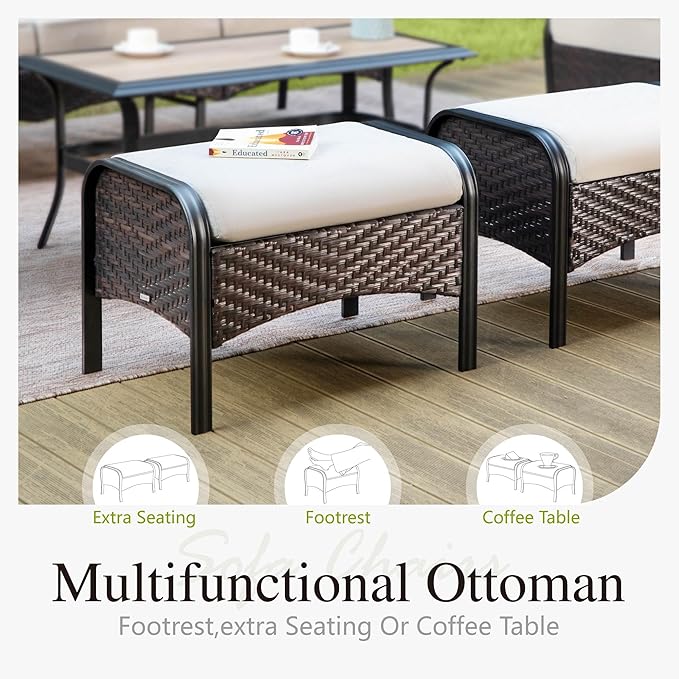 Sophia & William Patio Furniture Set, 7 Piece Metal Outdoor Conversation Set with 3-Seater Outdoor Couch, 4 Sofa Chairs, 2 Ottoman for Outdoor Seating, Backyard, Porch(Beige)