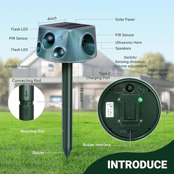Solar Ultrasonic Animal Repellent, Waterproof Deer Repellent Devices with Motion Detection, 3 Mode, Cat Repellent Outdoor Squirrel Skunk Rabbit Raccoon Dog Mouse Deterrents Repeller for Yard Patio