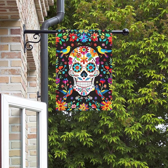 Day of the Dead Garden Flag Skull Welcome Floral House Banner Mexican Gothic Skeleton Flowers Birds Double-Sided Garden Flags Fiesta Dia DE Los Muertos Burlap Yard Flag 28x40 Inch