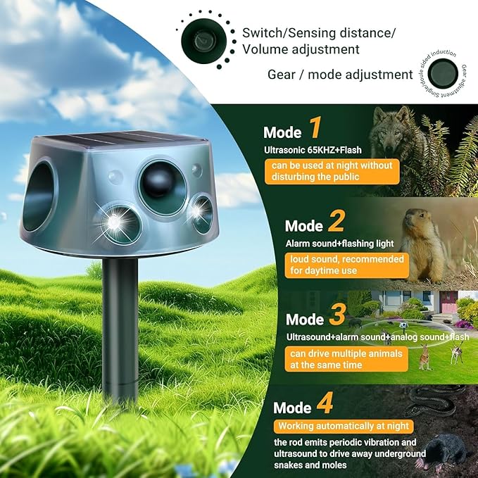 Solar Ultrasonic Animal Repellent, Waterproof Deer Repellent Devices with Motion Detection, 3 Mode, Cat Repellent Outdoor Squirrel Skunk Rabbit Raccoon Dog Mouse Deterrents Repeller for Yard Patio