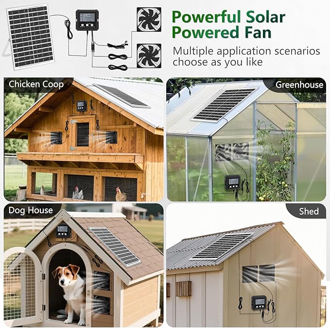 25W Solar Fan for Chicken Coop with Battery, Solar Exhaust Fan for Shed & Greenhouse, 3 Modes Controller (Continuous/Timer/Motion Sensor), Solar Powered Fan for Intake or Exhaust Vent Cooling