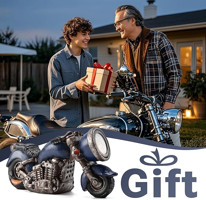 Solar Outdoor Garden Motorcycle Statue, Resin Motorcycle Sculpture with LED Lights, Ideal for Garden, Courtyard and Lawn Decoration, Housewarming and Birthday Gift