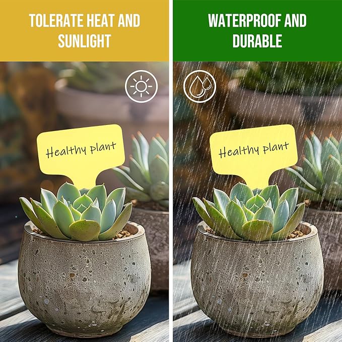 Plant Labels 200 Pcs Yuanling T-Type Plastic Garden Tags Waterproof Plant Sign Stakes Nursery Garden Makers for Seedlings Flower Vegetables Herb Potted Belt Permanet Marker Pen (Yellow)