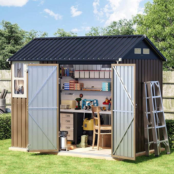 8x6 FT Outdoor Metal Storage Shed, Double Doors, 1 Clear Window, Tool Shed for Garden, Patio, Backyard Brown