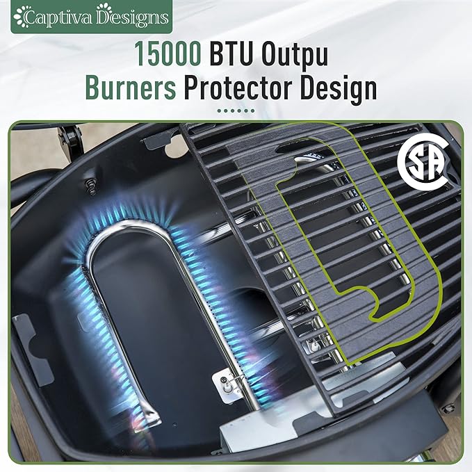 Captiva Designs Portable Propane Grill, 15,000 BTU Output TableTop Liquid Gas Grill with 2 Stainless Steel Burners, 275 sq.in. Cooking Area with Side Tables