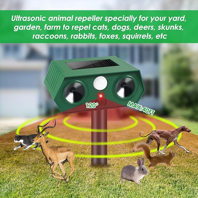 2025 4Pack Deer Repellent Device Solar Animal Repeller Cat Repellent Outdoor Ultrasonic Animal Repellent with Motion Detection to Scare Coyote Rabbit Squirrel Skunk Dog Fox Raccoon