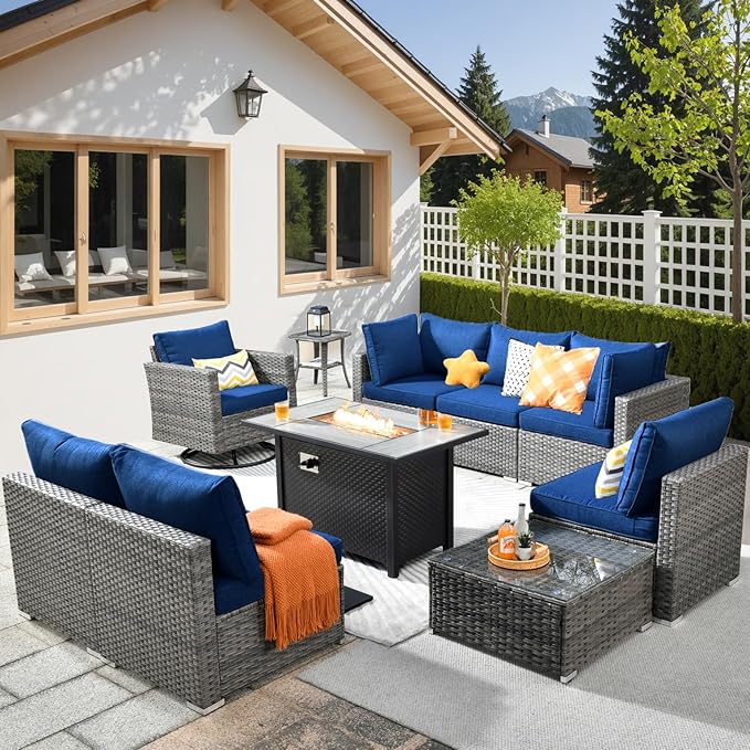 HOOOWOOO 10 Piece Patio Sectional Furniture Set with Fire Pit Table,Modern Wicker Outdoor Conversation Sofa Sets,Weather Resistant Modular L Shaped Outside Couch Swivel Chair Set(Navy Blue)