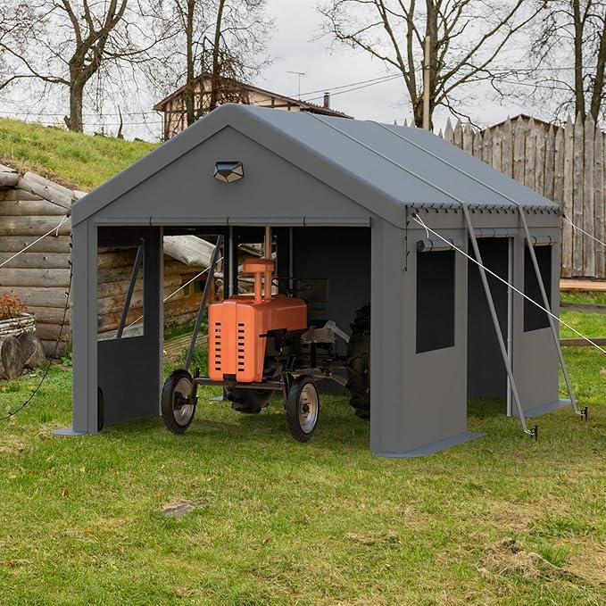 10x16 Carport, Heavy Duty Carport Canopy Garage with Removable Sidewalls and Drive Through Roll Up Zipper Doors & Side Doors, Grey
