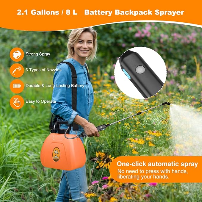 Battery Backpack Sprayer 2.1 Gallon, Rechargeable Sprayer with 3 Adjustable Nozzles, 1.5-3H Runtime, Adjustable Wand Leak-Proof & Chemical-Resistant Tank for Lawn, Garden & Farm Use (Orange)
