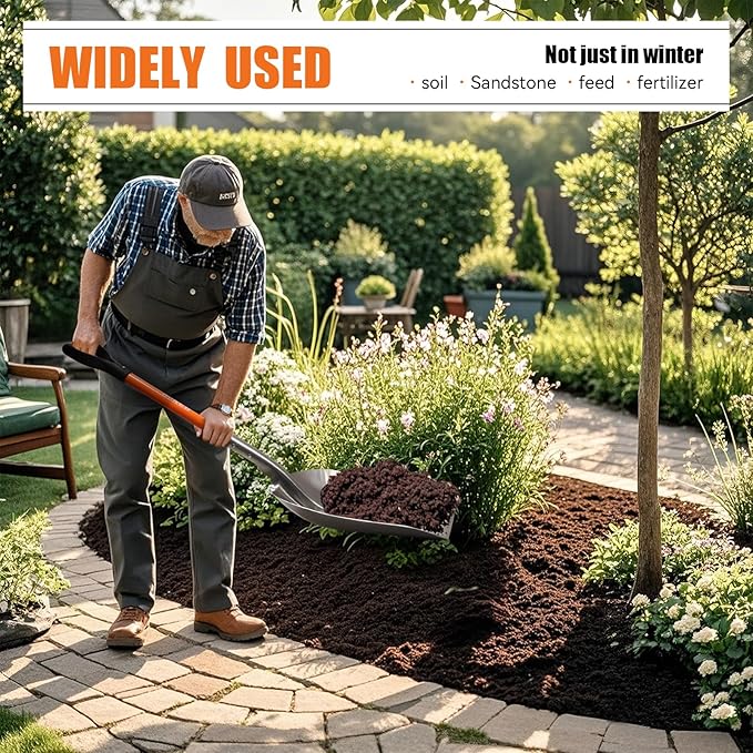 Snow Shovel,Metal Snow Shovel for Driveway,Scoop Shovel Heavy Duty with D Handel,Transfer Shovel for Gardening,Farms,and Barns,45 inches,Orange