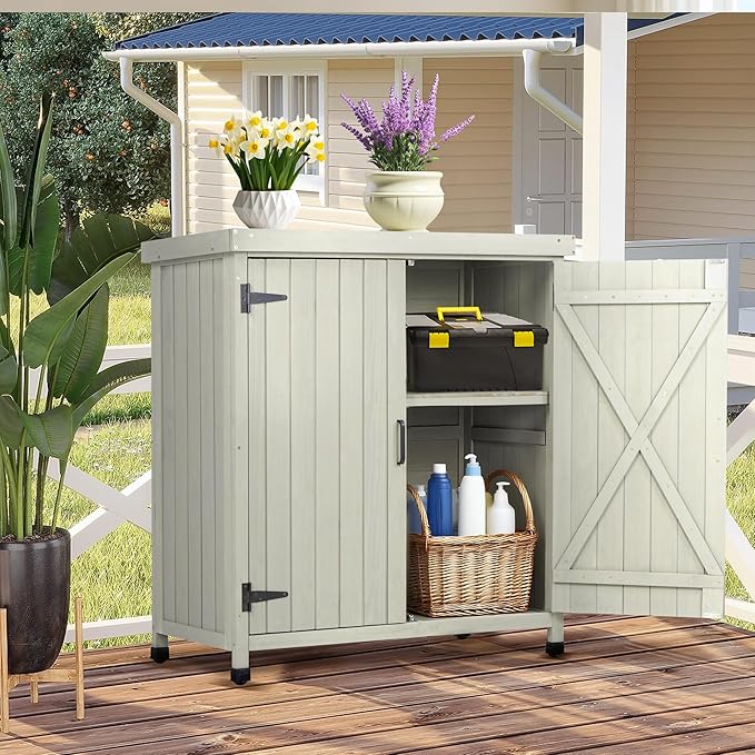 Outdoor Potting Bench with Metal Work Top,Waterproof Garden Storage Cabinet,Wooden Tool Station Shed for Backyard,Patio,Lawn Gardening
