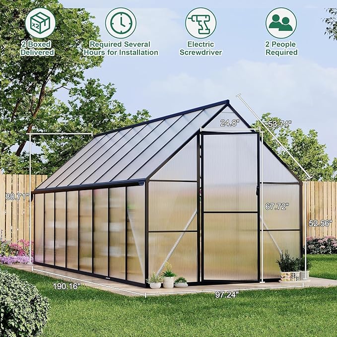 Greenhouse 8x16 FT Aluminum-Framed Heavy Duty Polycarbonate with Quick Setup Structure and Roof Vent Large Enhanced Outdoors Green House Kit