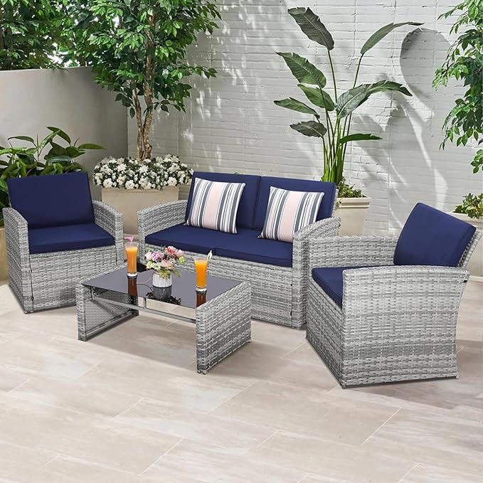 4 Pieces Patio Conversation Set, Outside Rattan Sectional Sofa, Cushioned Furniture Set, Wicker Sofa Ideal for Garden, Porch, Backyard, Grey Color Rattan and Blue Cushion
