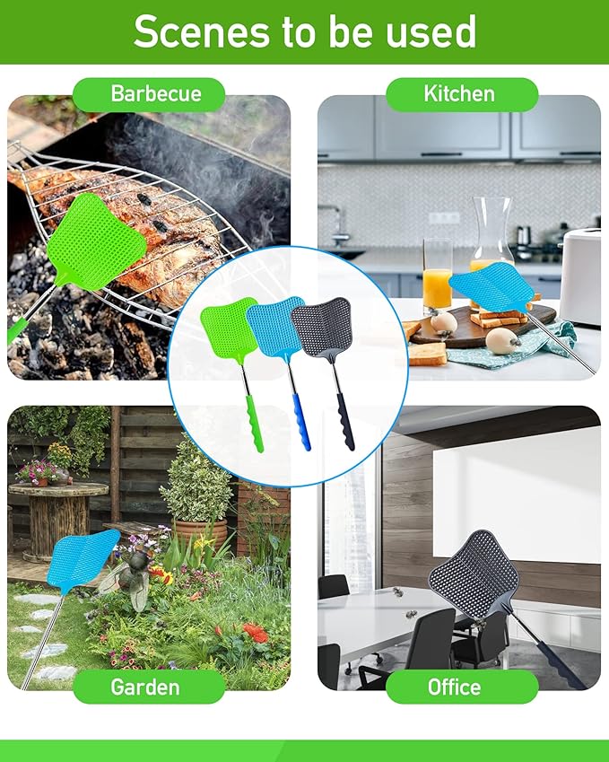 Wapodeai 3 pcs Fly Swatter, Fly Swatters Plastic Telescopic, Large Bug Swatter That Work for Indoor and Outdoor. (Black Blue Green)