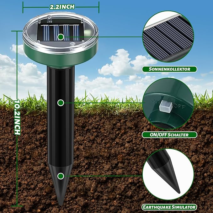 Mole Repellent,10 Pack Solar Powered Ultrasonic Gopher Vole Repellent for Outdoor lawns Garden & Yard,IP 44 Waterproof Sonic Spikes Pest Repellent Mole Killer,Moles Remover,Pet Safe