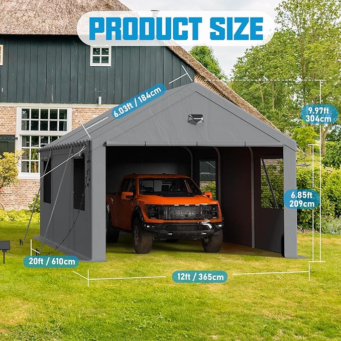 12x20 Carport, Heavy Duty Carport Canopy Garage with Removable Sidewalls and Drive Through Roll Up Zipper Doors, Grey