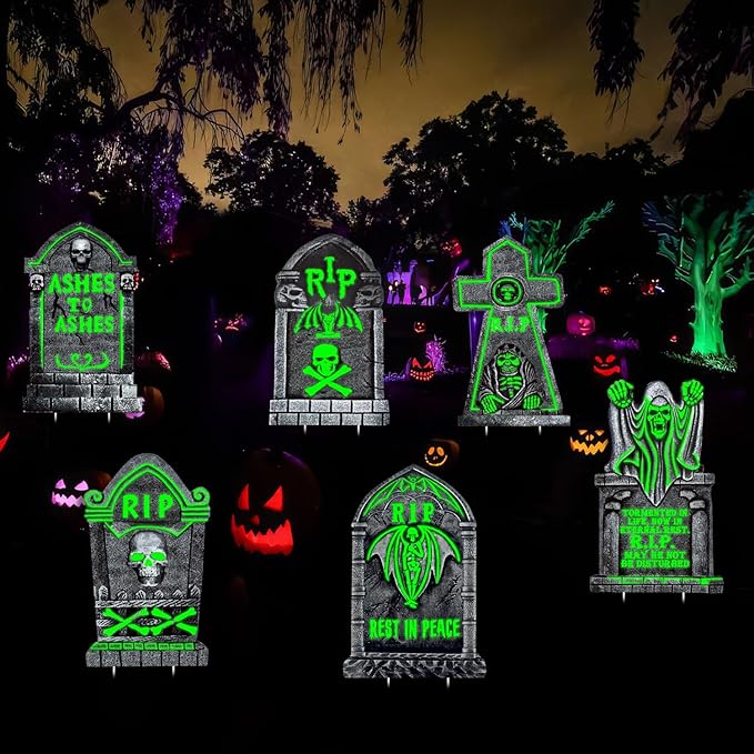 6Pcs Large Halloween Tombstones Decoration Yard Sign Glow in The Dark, 25"x16" Light Up Graveyard Decor for Outdoor Displays, Waterproof and Durable Cemetery Decorations for Grave, Spooky Yard Props