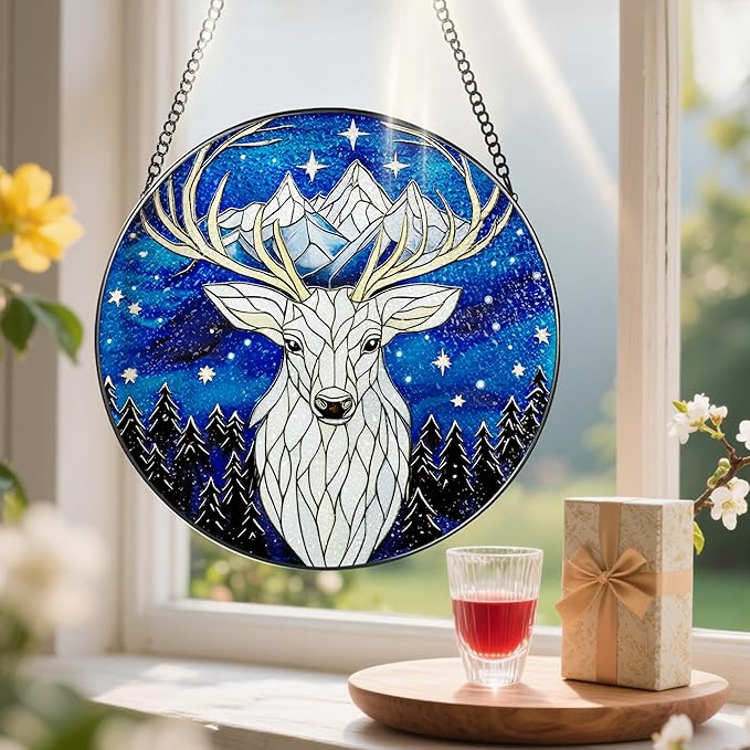 Stained Glass Window Hanging, Pauyadu 8 Inch Night Court Stained Glass Suncatcher, Sun Catchers Indoor Window, Home Decor for Windows, Nature Lover Gifts, Gifts for Women, Mom, Friend, Lover