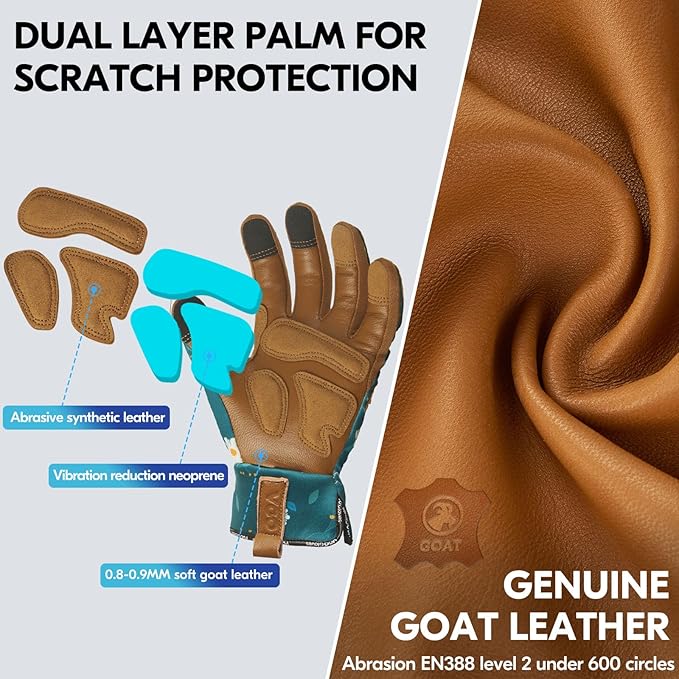 Vgo... 1Pair Gardening Gloves for Women, Goatskin leather Thorn Proof Working Gloves for Weeding, Digging, Raking, Pruning and Planting,Touchscreen(L,Dark Green,GA7471)