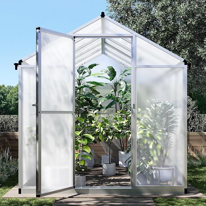 Greenhouse for Outdoors 10 x 6.25 Ft, Polycarbonate Greenhouse with Lock, Roof Windows Vent and Rain Gutter, Aluminum Large Walk-in Green Houses, for Patio Garden Backyard Outside, Silver
