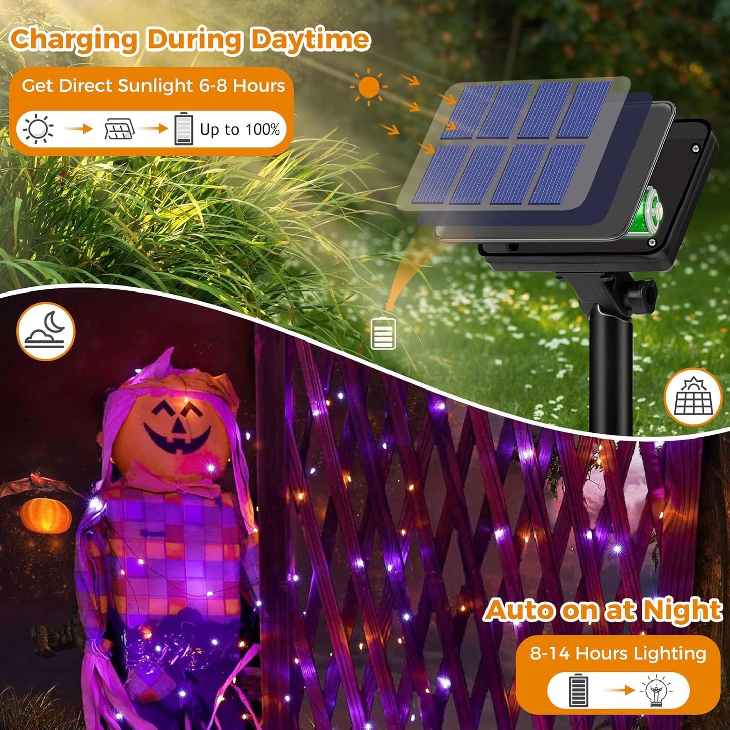 btfarm 4 Pack Solar Halloween String Lights Outdoor, 320LED 132FT Orange Purple Solar Fairy Lights Outside Waterproof, 8 Modes Solar Powered Twinkle Lights for Tree Garden Patio Halloween Decorations