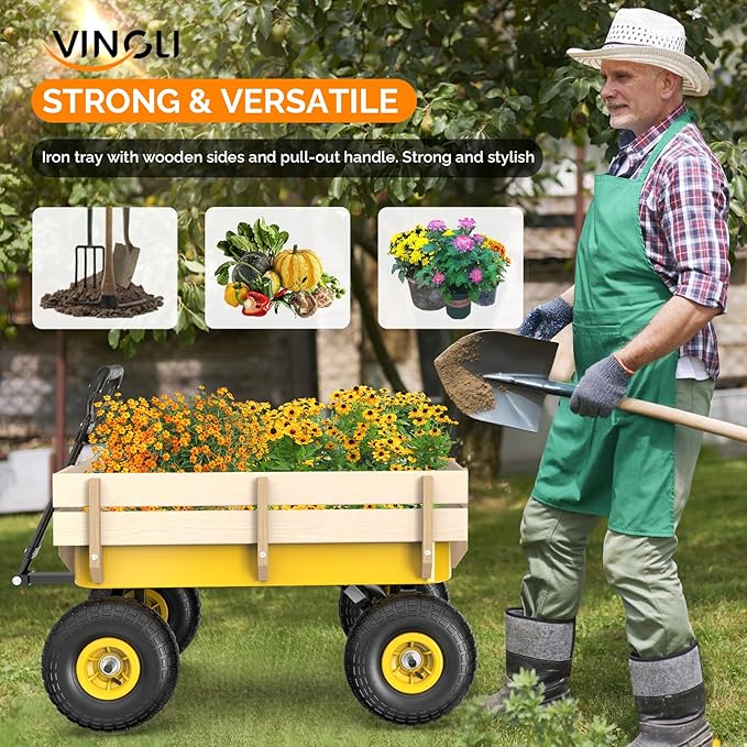 VINGLI Wagon Cart, Steel Frame and Wood Coated Railing, 330lbs All Terrain Wagon 9.2in Solid Tires for Garden and Outdoor (Yellow)