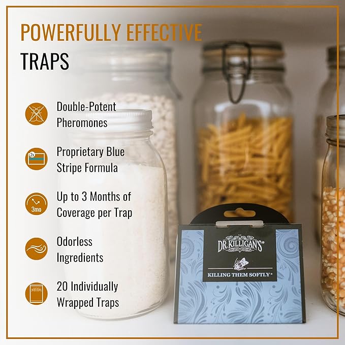 Dr. Killigan's Premium Double Potent Pantry Moth Traps with Pheromones Prime, Sticky Indian Meal Moth Traps for House, How to Get Rid of Moths in House, Organic Moth Pheromone Traps (20 Pack, Blue)