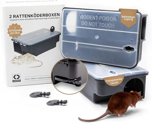 Köder-Discount Mouse & Rat Bait Station (Bait Not Included) – 2 Lockable Rat Bait Stations with Clear Lid & Dual Entry – Weather-Resistant, Tamper-Proof Rodent Trap (8.7 x 5.5 x 3.1)