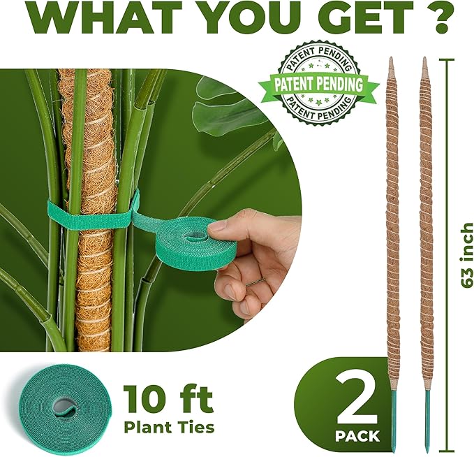 2 Pack 63 Inch Bendable Moss Pole Monstera Plant Support Stakes for Indoor Plants - Tall Moss Stick Trellis for Potted Climbers - Stem Support Accessories for Climbing Houseplants