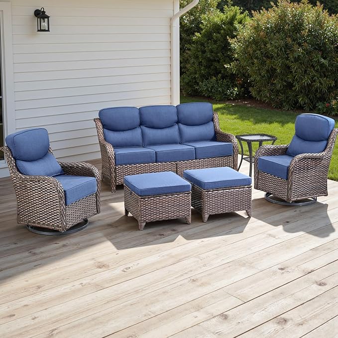 Wicker Outdoor Patio Furniture Set - 6 Piece Patio Conversation Sets with Swivel Rocker Chairs, Ottomans, Sofa and Side Table, 6 inch Cushions, Waterproof Wicker, for Porch Deck Brown/Blue