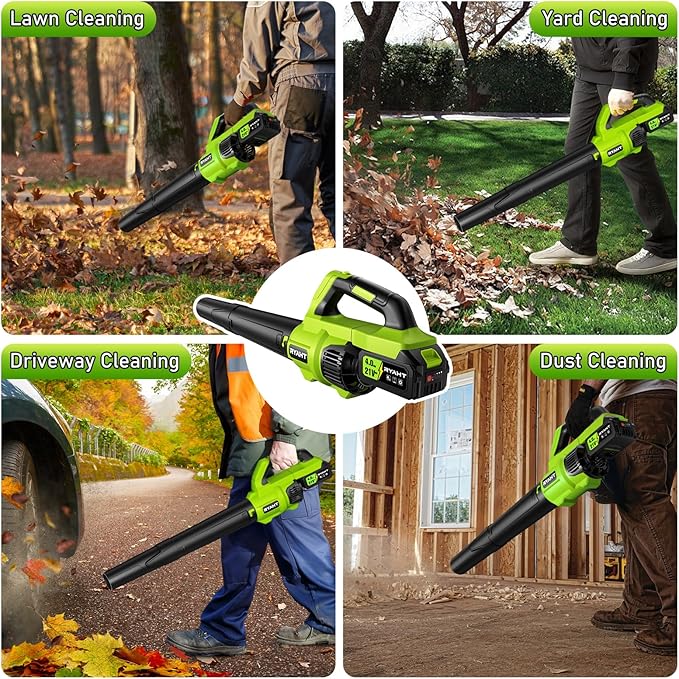 RYAHT Leaf Blower Cordless, 21V Powerful Electric Leaf Blower with 2 X 4.0Ah Batteries and Charger, 2 Speed Modes, Handheld Lightweight Leaf Blowers for Lawn Care, Patio, Dust, Blowing Leaves- Green