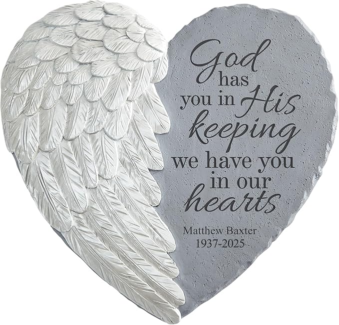 Let's Make Memories Personalized Memorial Garden Stone - Sympathy - Loss of Loved One - Condolences - Indoor/Outdoor - Durable Resin - 3D Wings of Love - in His Keeping