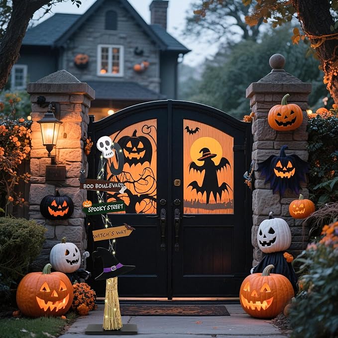 Halloween Decorations |Lighted Witch's Broom Halloween Wooden Porch Sign | Spooky Light Up Witch Decorations Sign for Indoor Outdoor Yard Decor