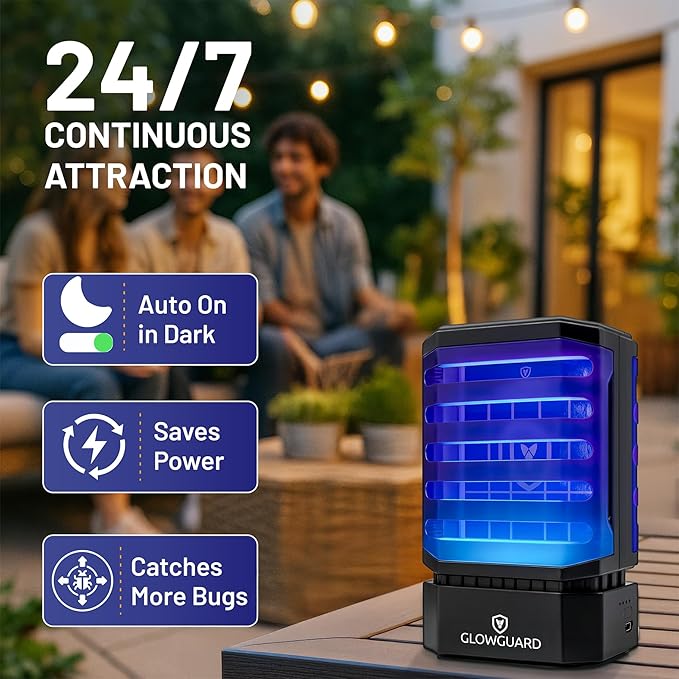 GlowGuard Cordless Flying Insect Trap Catches Fruit Flies, Indoor Gnat Killer, Magnet for Moths & Mosquitos in Dark, 1 Rechargeable Trap + 4 Dual-Sided Sticky Pad Refills, 30Hr 5000mAh Battery (Black)