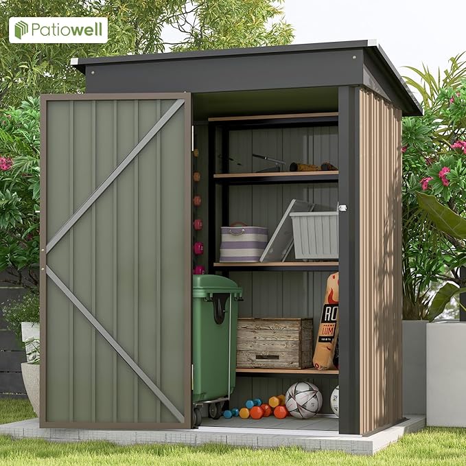Patiowell 5x3 FT Outdoor Storage Shed, Tool Shed with Sloping Roof and Lockable Door, Metal Shed for Backyard Garden Patio Lawn, Brown