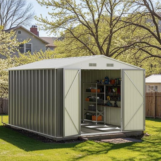 Patiowell 8x10 FT Outdoor Storage Shed with Floor Frame, Large Garden Tool Metal Shed with Sloping Roof and Double Lockable Door, Outdoor Shed for Backyard Garden Patio Lawn,Grey