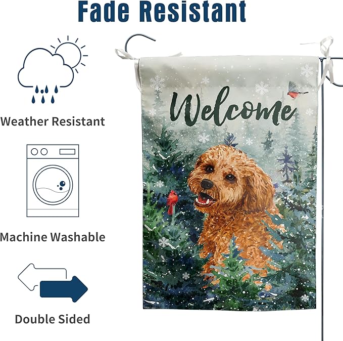 Welcome Winter Garden Flags Golden Doodle Garden Flag Cardinal Birds on Snowy Pine Tree Flag Dog Yard Flags for Outside 12x18 Double Sided Christmas Decorative Lawn Flags