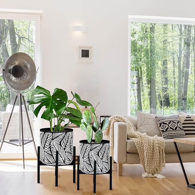 10 & 12 Inches Plant Pot with Stand Set of 2, Decorative Palm Leaves Printing Planter with Holder, Garden Pot for Snake Plant, Monstera, Houseplants - Indoor Outdoor Flower Pots with Drainage Holes