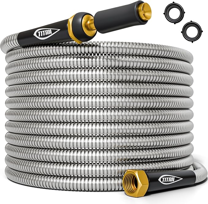 TITAN Garden Hose 75FT - 304 Stainless Steel Metal Water Hose, Flexible, Kink-Free, Lightweight, Durable, Crush Resistant Fittings, Easy to Coil, 500 PSI