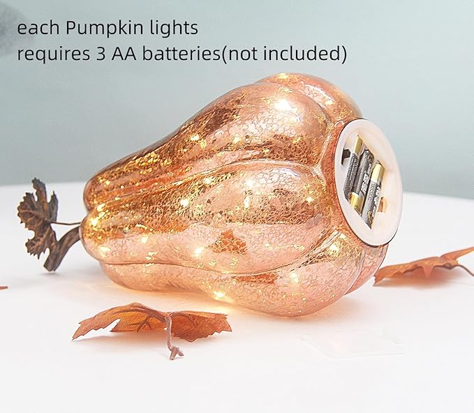 Mercury Glass Pumpkin Lights with Timer, Battery Operated Led Pumpkin Lights for Halloween Fall,Thanksgiving Rustic Decor (Rosegold Leafy, 11")