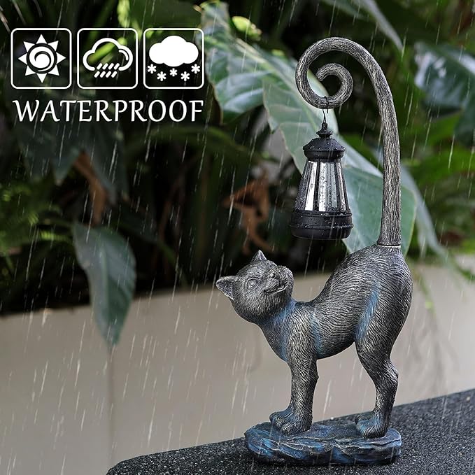 Halloween Decorations Outdoor Cat Garden Statues with Solar Lights, Fall Home Decor Cat Figurines for Lawn,Patio,Balcony,Porch,Yard Art Ornament- Birthday Gifts for Women Grandma Sister