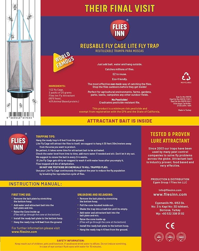 EZ Fly Cage Ranch Fly Trap with 2 Flies Inn Fly Attractant Bait Refill, Low Odor, Reusable, Built to Last for Years (6 Traps + 72 Baits, 1)