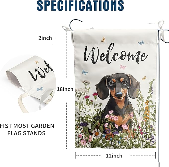 Floral Dachshund Garden Flag Spring Summer Yard Flag Flower Dog Garden Flags for Outside Small Outdoor Welcome Flags 12x18 Double Sided