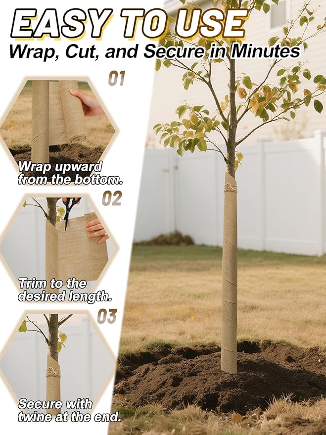 ANPHSIN 4 Rolls Natural Burlap Tree Wraps - 7.8in × 9.8ft Winter Burlap Rolls, Tree Trunk Guard Wrap, Plants Antifreeze Bandage to Protect Bark & Keep Plants Warm